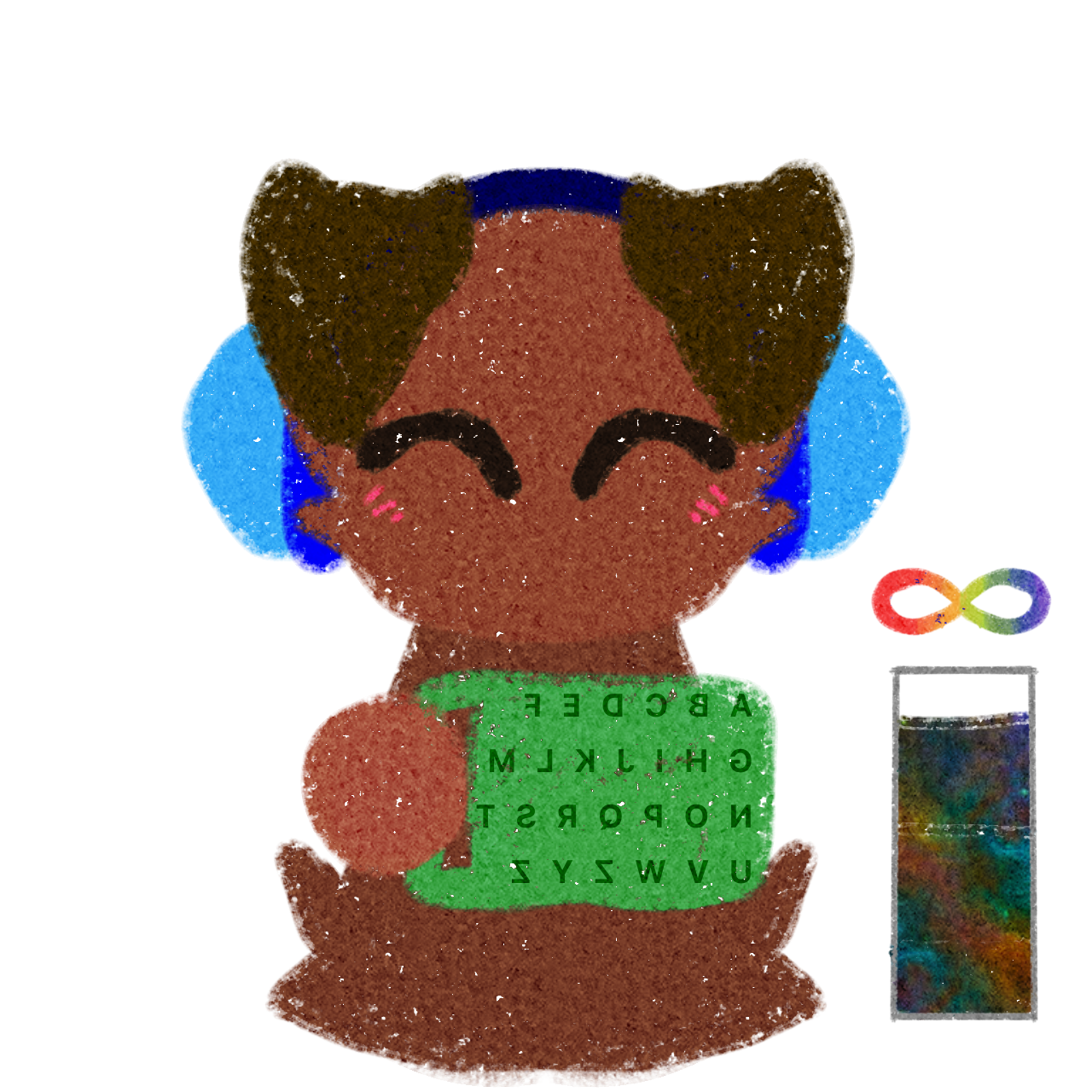 a stylized, cartoonish dog with brown fur, floppy ears, and blue headphones, smiling with closed eyes and blushing cheeks. They are holding a green letterboard. To the right of the character is a rainbow-colored infinity symbol and a rectangular bar with a rainbow gradient filling up from the bottom almost full.